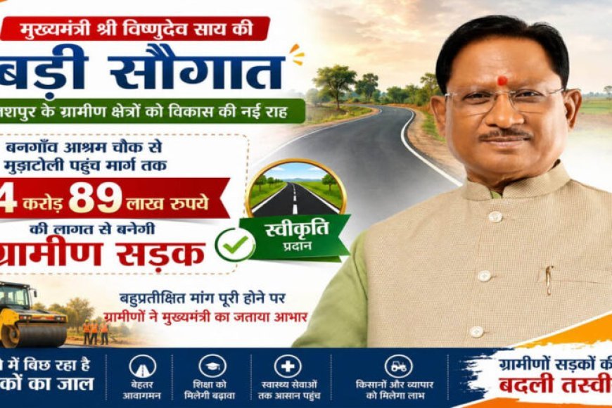 रायपुर : मुख्यमंत्री विष्णुदेव साय की बड़ी सौगात: बनगाँव आश्रम चौक से मुड़ाटोली तक बनेगी 4.89 करोड़ रुपये की सड़क